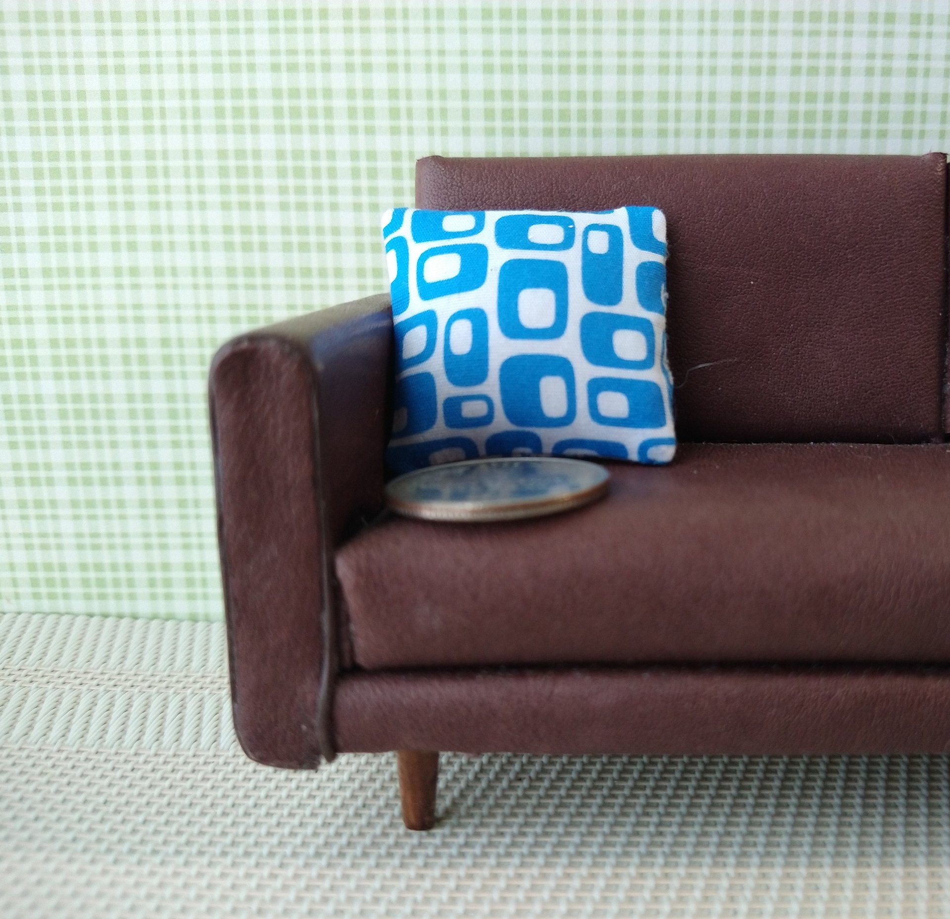 1:12 dollhouse MCM themed sofa cushion with white background and blue geometric shapes REF blue geo