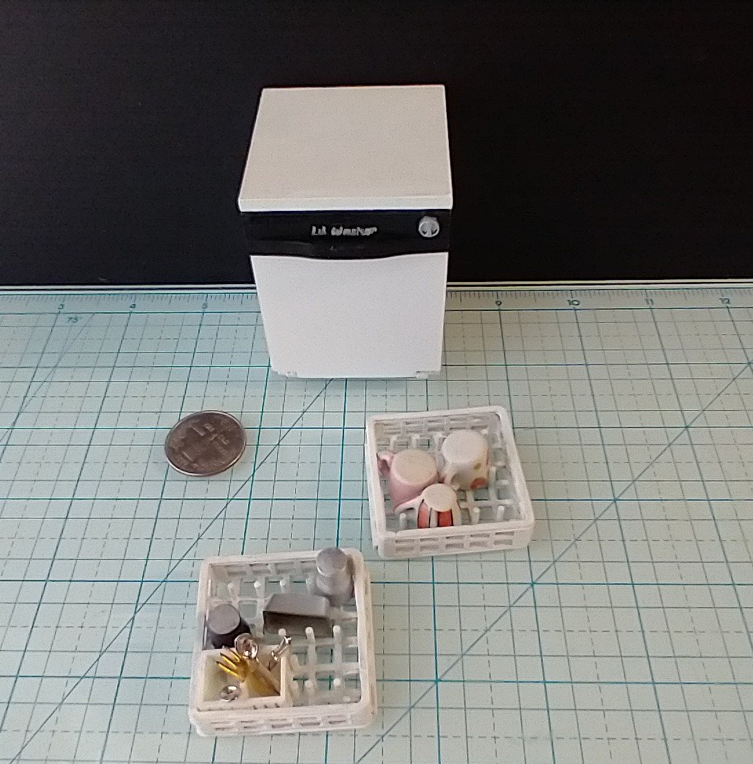 1:12 Dollhouse dishwasher with two slide out racks one flatware basket and detergent holder and hinged door REF White