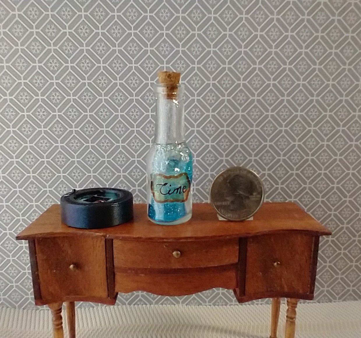 Dollhouse miniature battery lighted glass bottle blue glitter bubbles and "Time" tag inside bottle for 12th or play scale dioramas No external wires