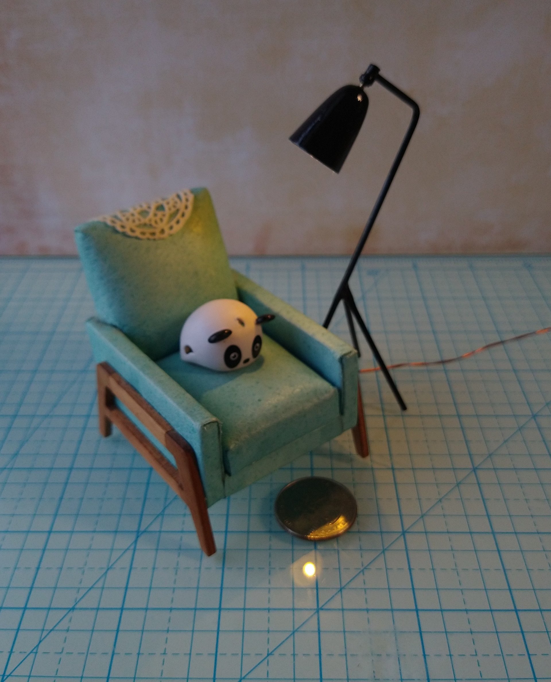 1:12 Dollhouse mid-century styled floor lamp Black tripod floor lamp Battery operated LED lamp with external wires REF Grasshopper
