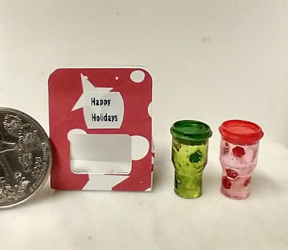 1:12 Dollhouse miniature two tumblers gift set Festive travel mugs with removable lids