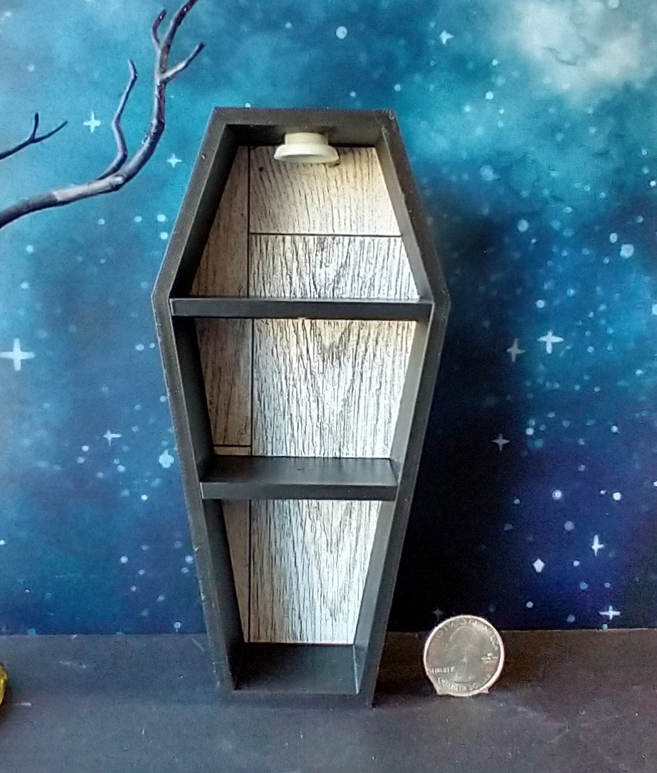 1:12 scale dollhouse miniature Halloween book shelf Black coffin display case Battery lighted Halloween display unit to showcase your mini Halloween treasures