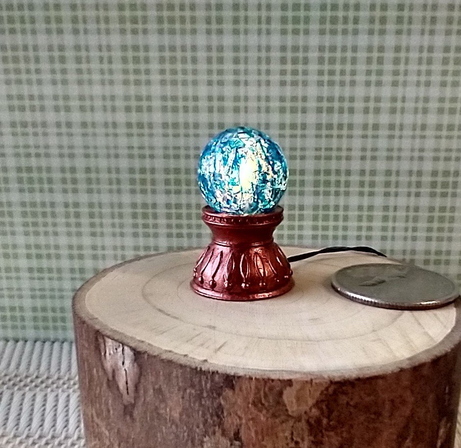 1-inch scale miniature light up crystal ball Battery operated lighted crystal sphere Halloween decor REF Copper finish stand