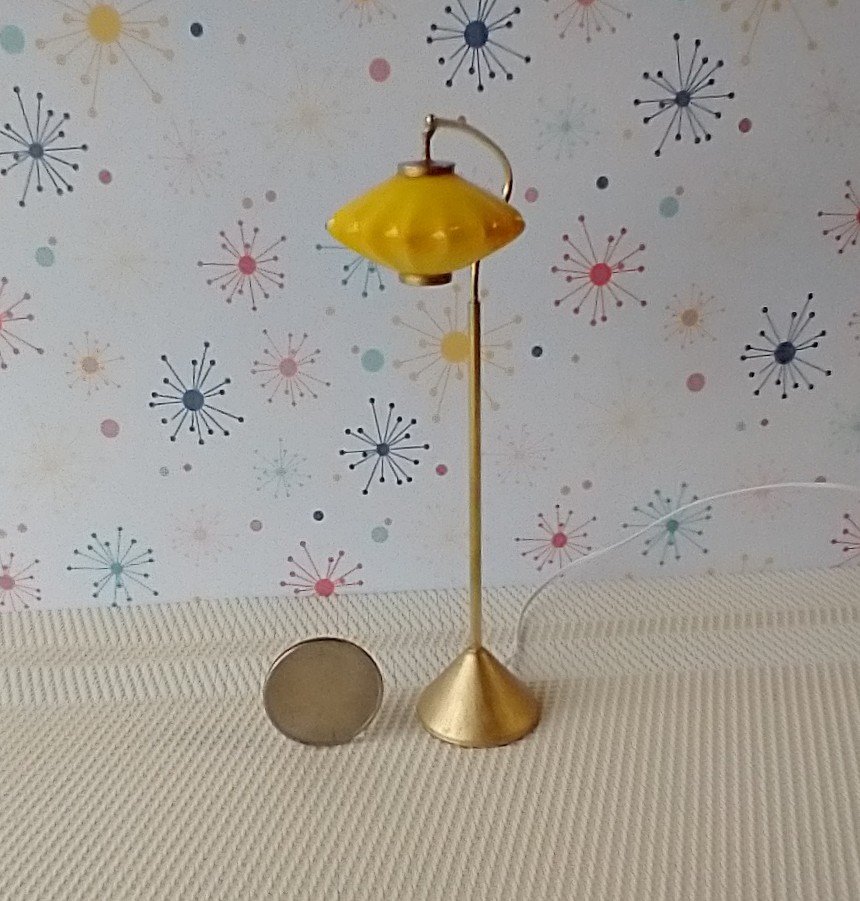 1:12 scale dollhouse mid-century style  cocoon floor lamp Inspired by a vintage Scandinavian design of the 50s Battery operated MCM lamp with external wires REF Curved post