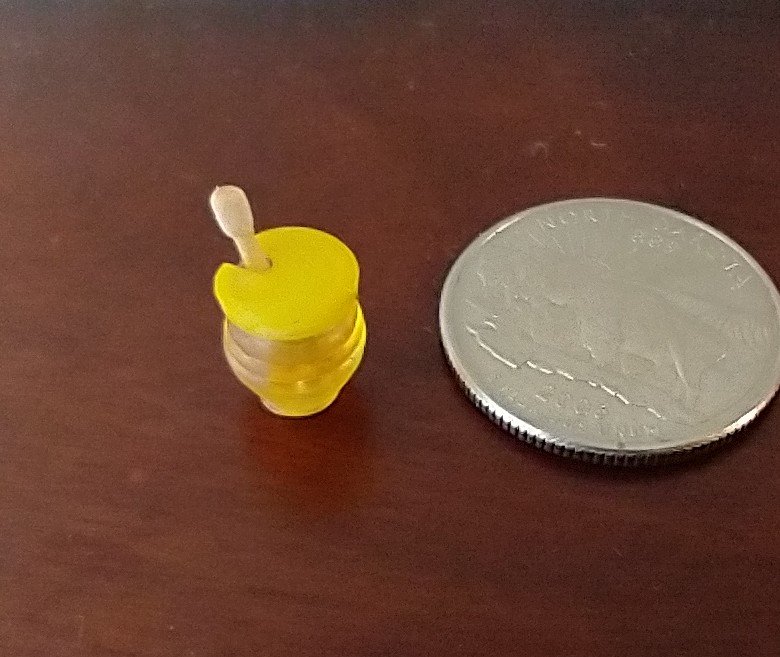 1:12 Dollhouse clear beehive honey jar with immersed wooden dipper and removable yellow lid REF Yellow lid
