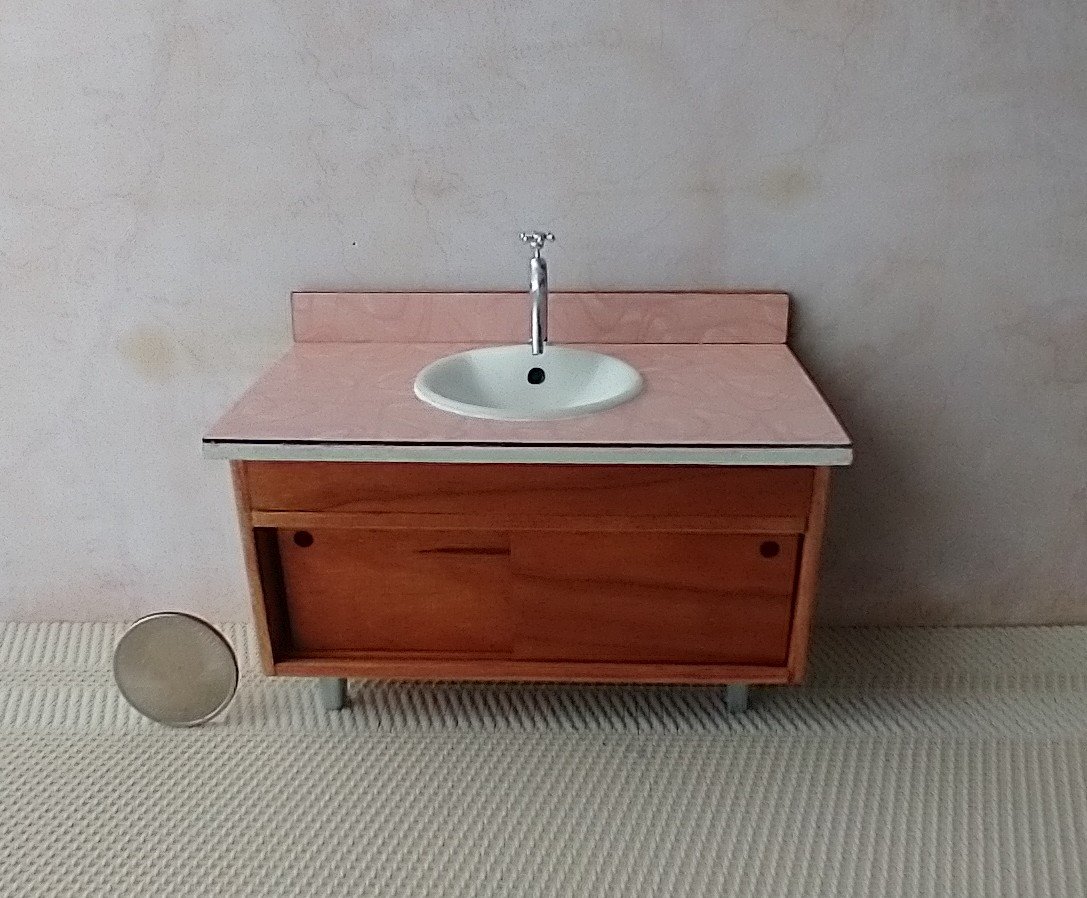 1:12 Dollhouse mid-century styled bath single sink vanity cabinet Angled cabinet undermount sink with backsplash and sliding doors