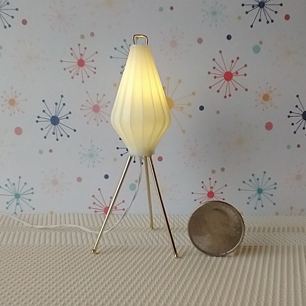 1:12 scale dollhouse mid-century modern tripod floor lamp Inspired by a vintage cocoon floor lamp Battery operated MCM lamp with external wires REF Mini tripod