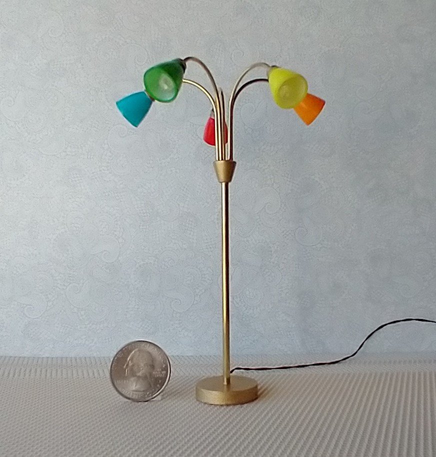 RESERVED 1:12 scale dollhouse mid-century style 5-arm floor lamp with shades in multiple colors Battery operated dollhouse lamp with external wires