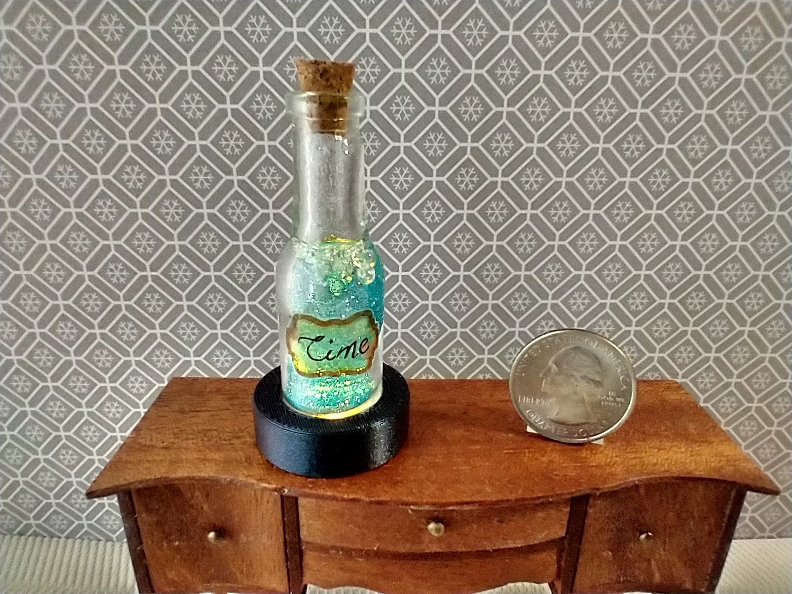 Dollhouse miniature battery lighted glass bottle blue glitter bubbles and "Time" tag inside bottle for 12th or play scale dioramas No external wires