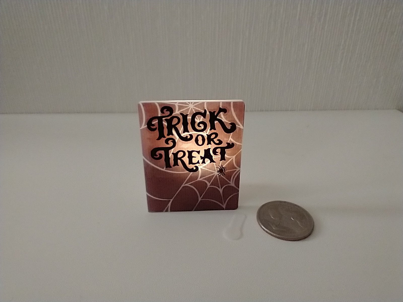 Miniature Halloween trick or treat sign with back lit candle (battery operated) for 12th or 6th scale scenes REF Spider web