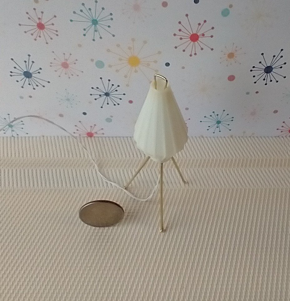 1:12 scale dollhouse mid-century modern tripod floor lamp Inspired by a vintage cocoon floor lamp Battery operated MCM lamp with external wires REF Mini tripod