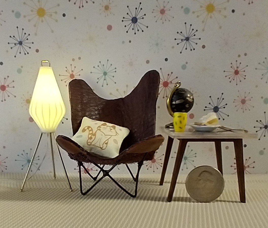 1:12 scale dollhouse mid-century modern tripod floor lamp Inspired by a vintage cocoon floor lamp Battery operated MCM lamp with external wires REF Mini tripod