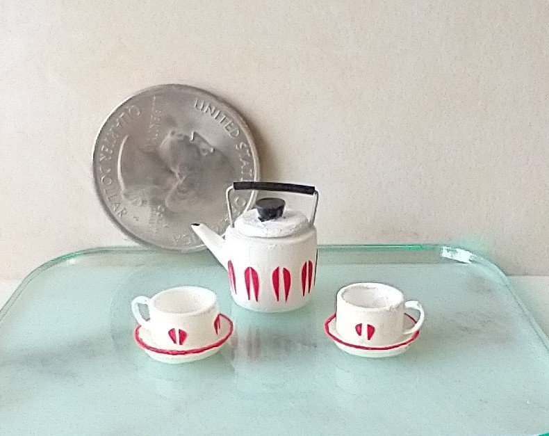 1:12 Dollhouse white teapot and cups set Mid-century modern themed tea set of the 70s MCM teapot set