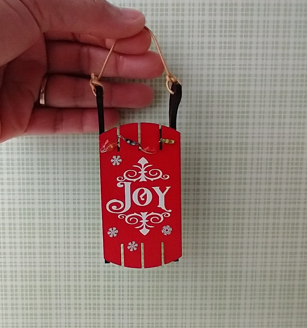 1:12 scale dollhouse light up wooden sled Joy sign decor Battery operated holiday light on red sled REF Lighted JOY on red
