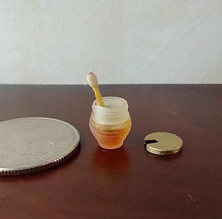 1:12 Dollhouse clear beehive honey jar with immersed wooden dipper and removable golden lid REF Golden lid
