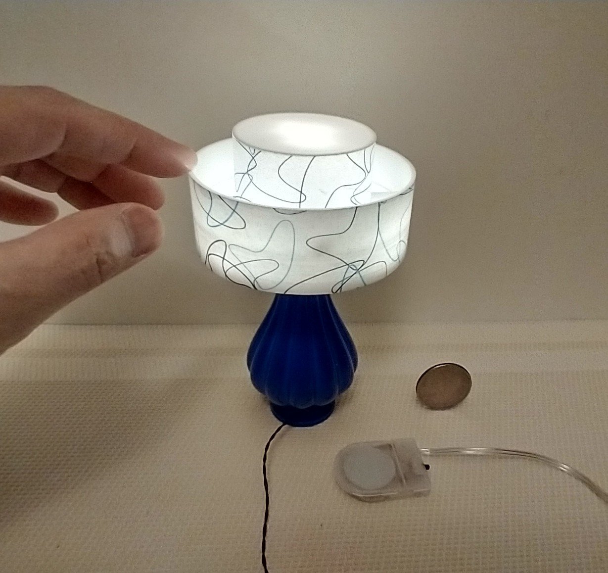1:6 play scale dollhouse mid-century modern style table lamp with tiered shade MCM retro style table lamp REF Blue