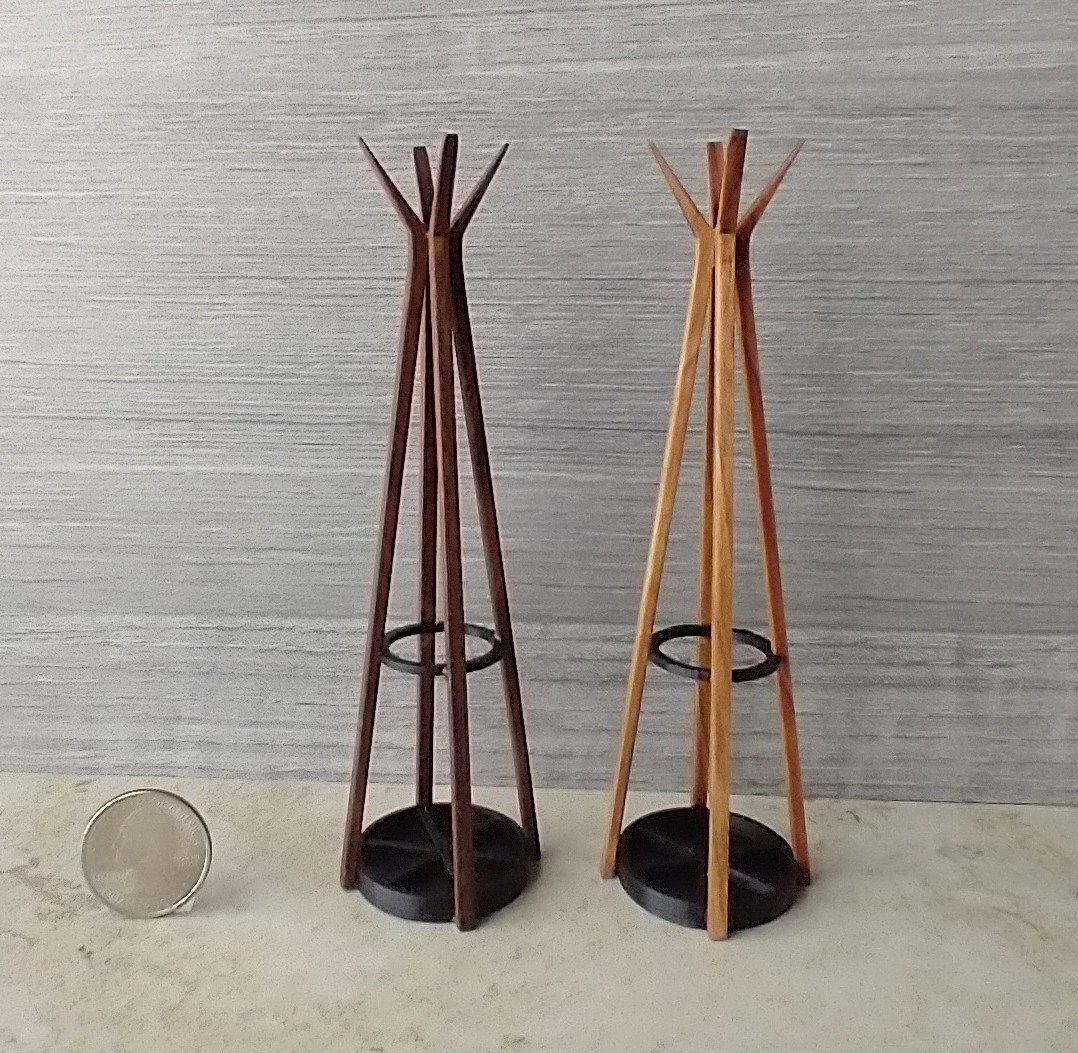 1:12 scale miniature mid-century modern walnut coat rack with umbrella stand MCM style coat rack with umbrella holder REF Walnut