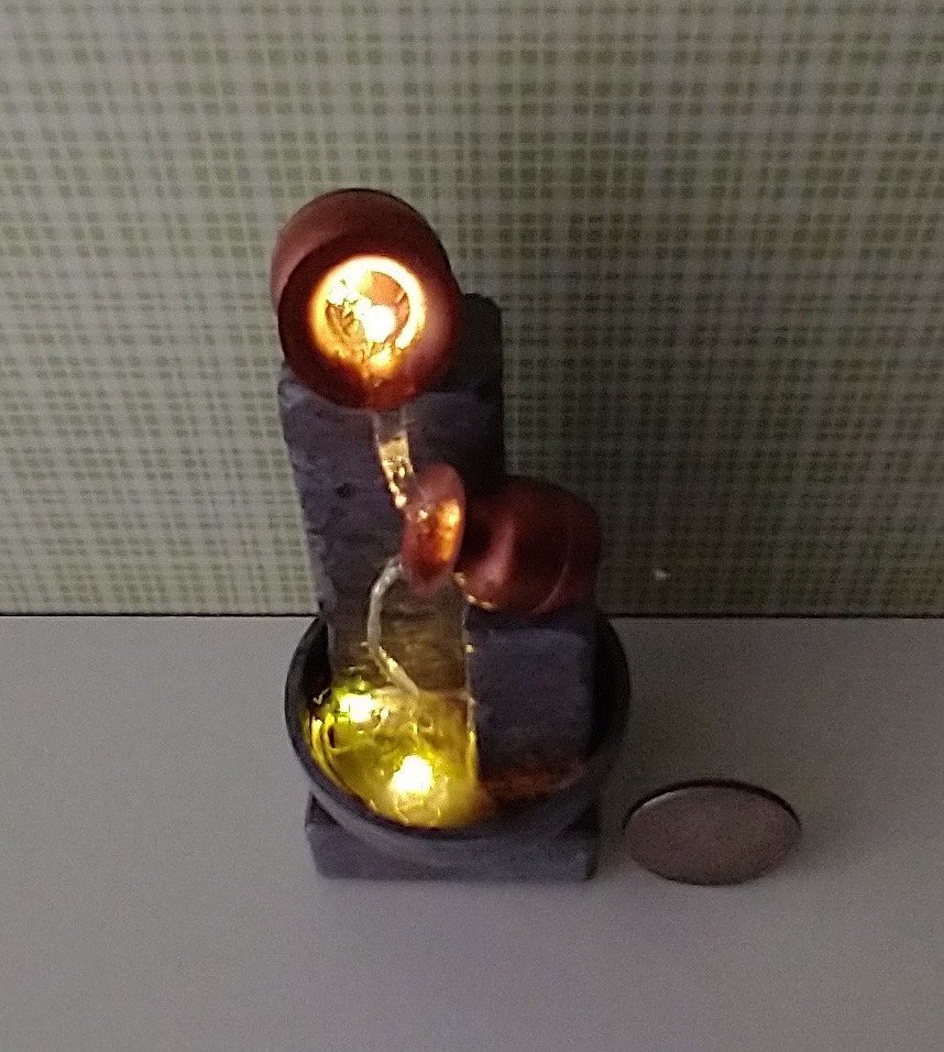 1:12 Dollhouse miniature lighted fountain in stone finish Battery lighted mini fountain for dollhouse garden or patio No external wires Pet not included