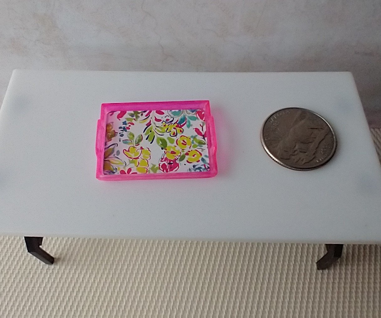 1:12 scale rectangular serving tray with spring florals translucent pink surround and two handles