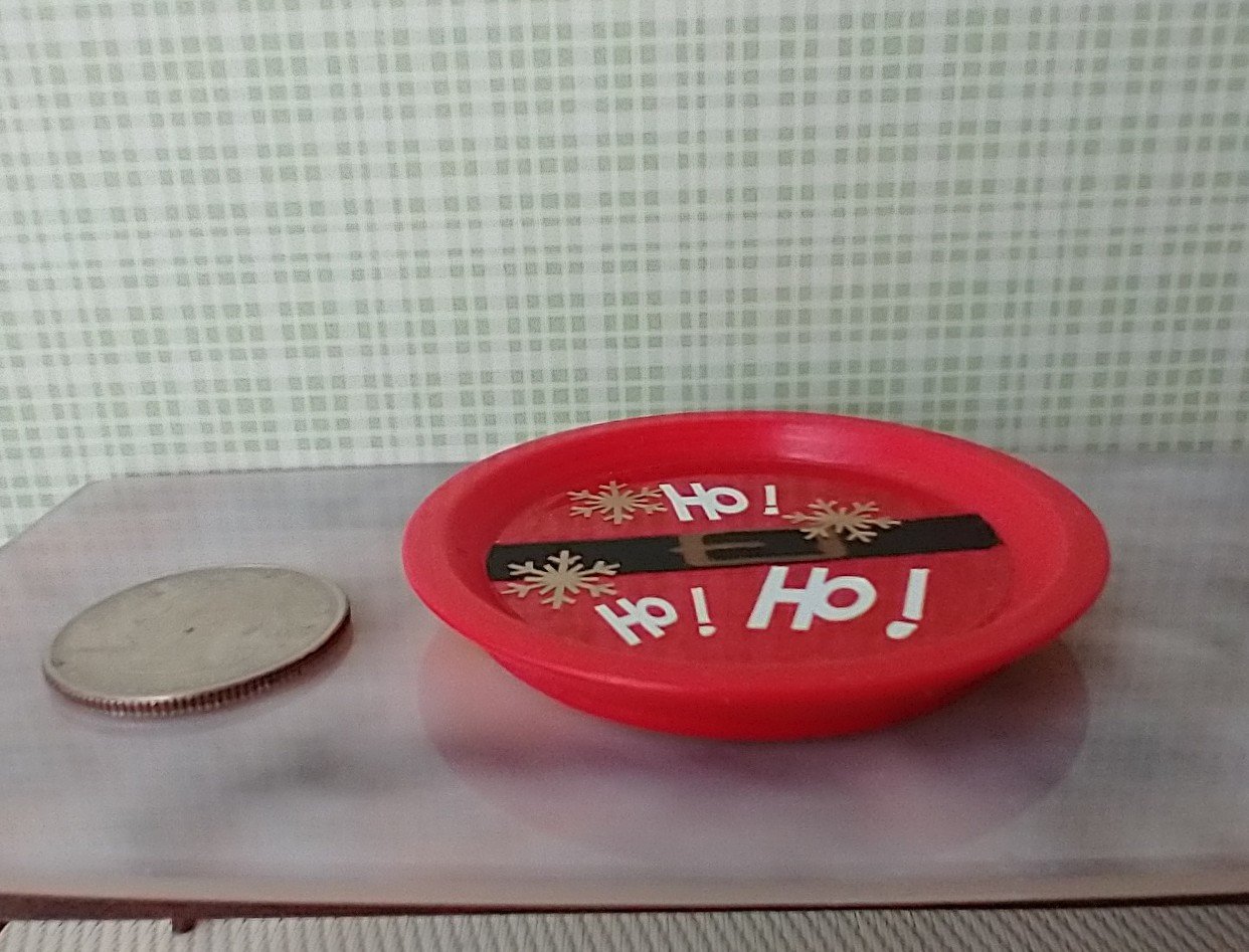Play scale 1:6 or Barbie dollhouse red round serving tray Santa Ho ho ho serving tray in festive red for 12-inch dolls