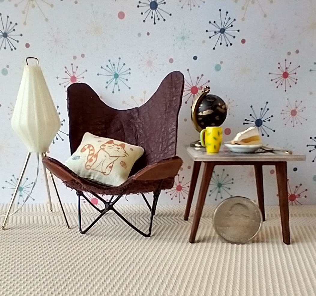 1:12 scale dollhouse mid-century style end table with faux marble top splayed legs in solid walnut MCM side table with square top