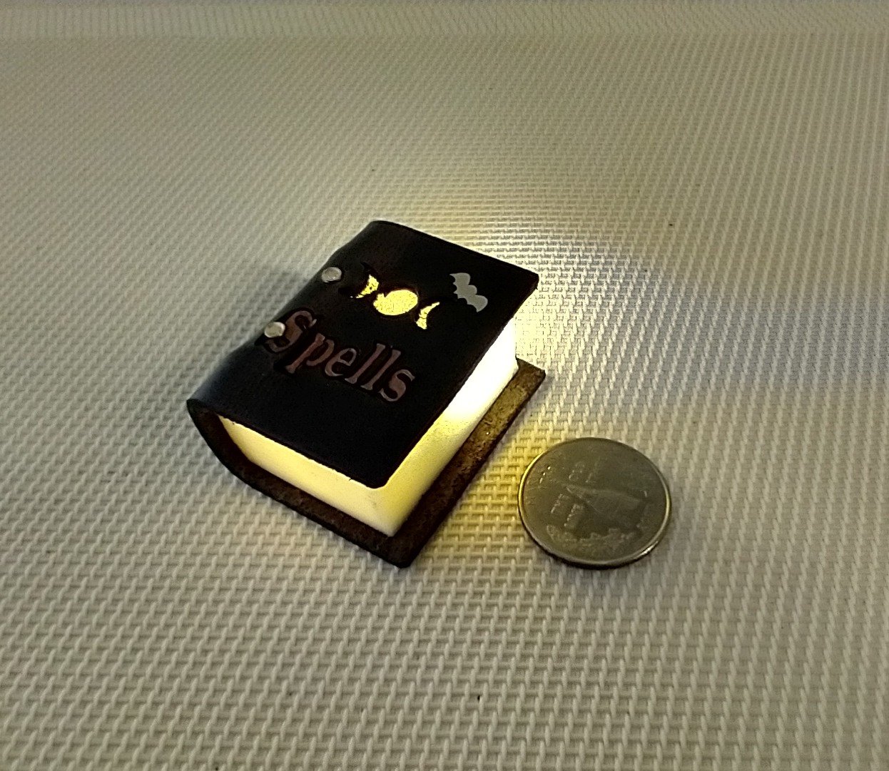 Mini leather bound book of spells Battery lighted Halloween spell book Halloween decor REF Thick brown leather