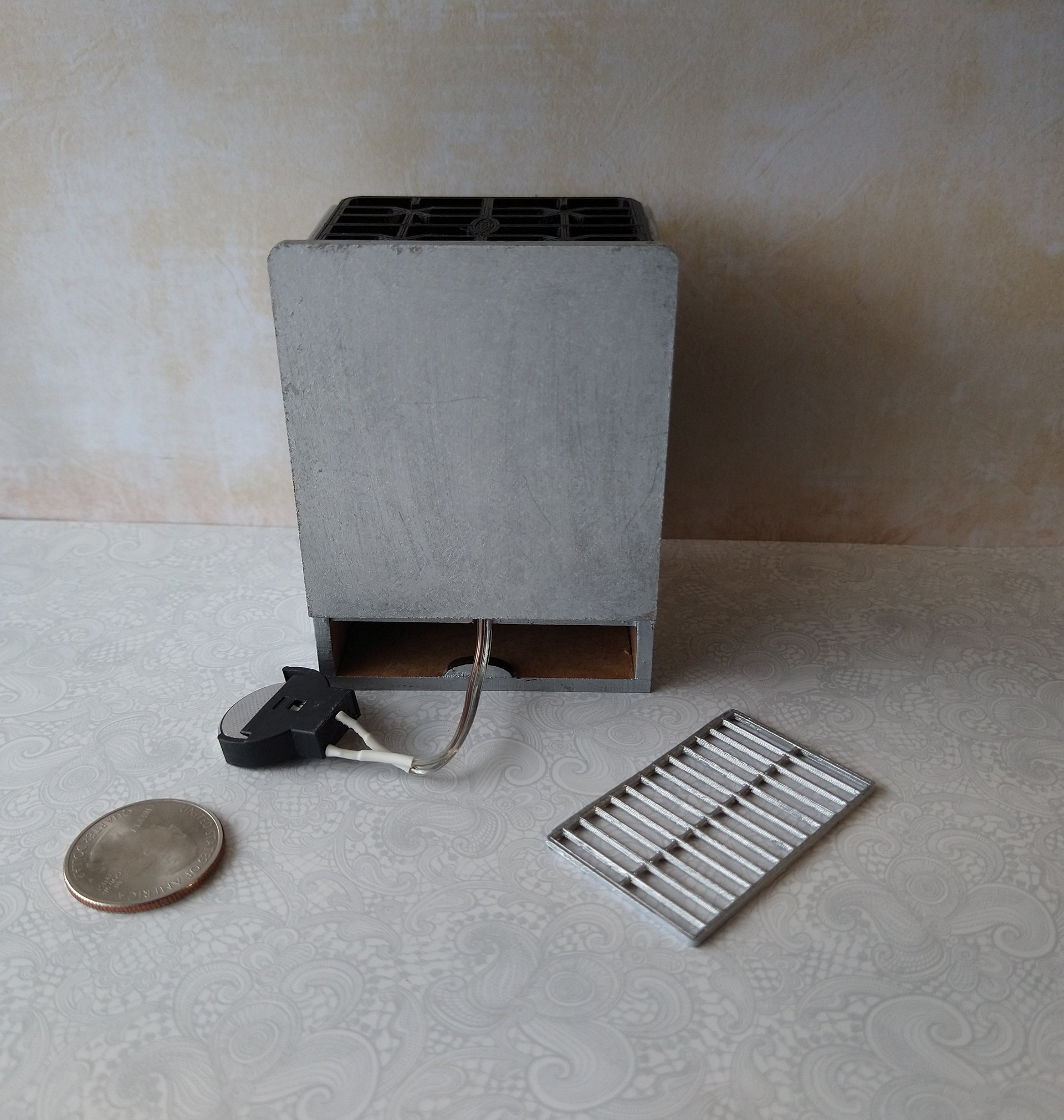 RESERVED 1:12 Dollhouse gas stove with  light up oven and four burners with suggested blue flames Door and faux drawer in green with silvery sides