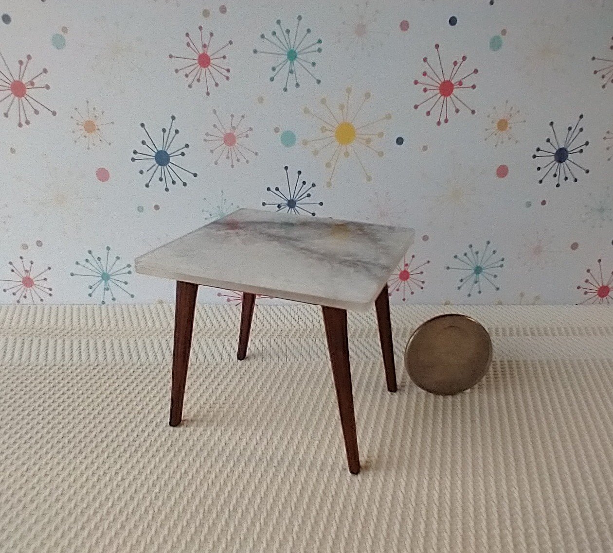 1:12 scale dollhouse mid-century style end table with faux marble top splayed legs in solid walnut MCM side table with square top