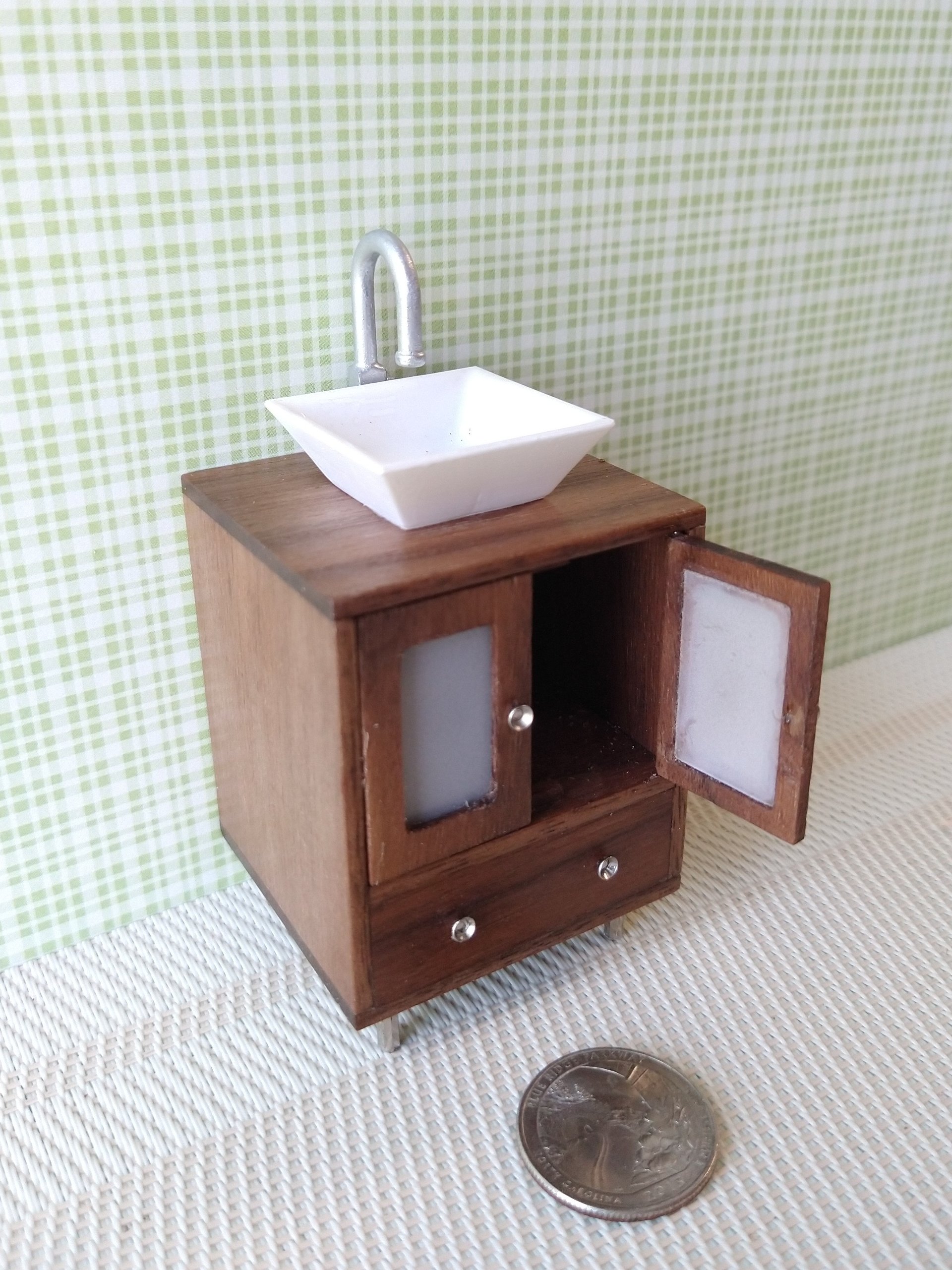 RESERVED 1:12 Dollhouse contemporary bath single sink vanity cabinet in solid walnut two working doors with frosted panes and chrome finish legs and hardware