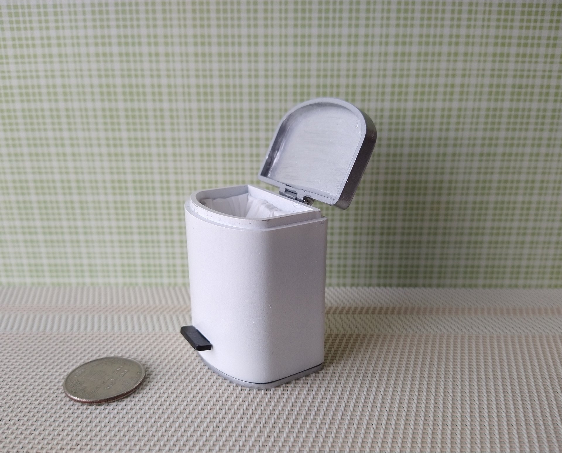 1:12 Dollhouse kitchen trash can in white finish with black pedal hinged silvery lid Modern styled trash can Kitchen garbagge can