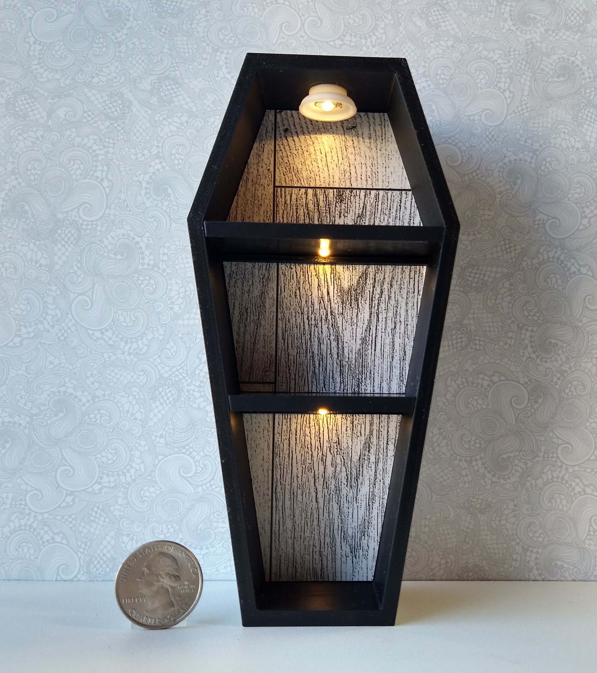 1:12 scale dollhouse miniature Halloween book shelf Black coffin display case Battery lighted Halloween display unit to showcase your mini Halloween treasures