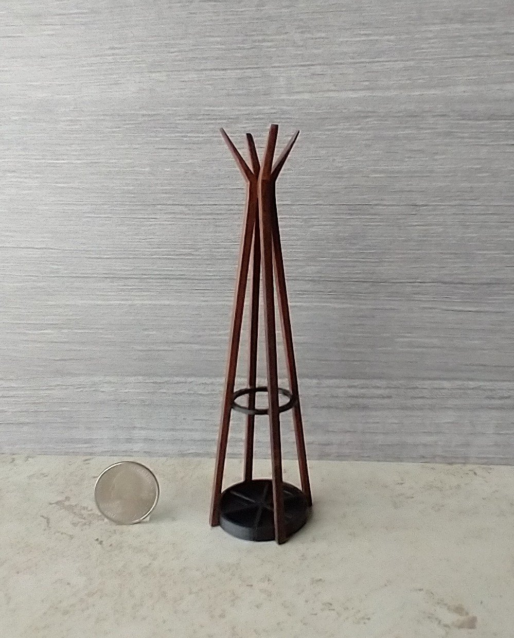 1 12 scale miniature mid century modern walnut coat rack with umbrella stand MCM style coat rack with umbrella holder REF Walnut