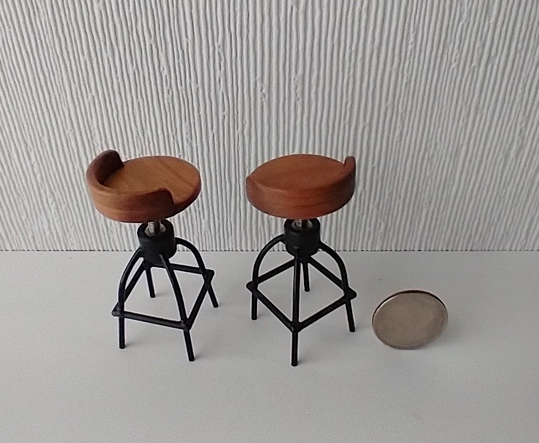 1:12 scale set of two barstools with low back cherry seat and brass legs Industrial style with adjustable seat height