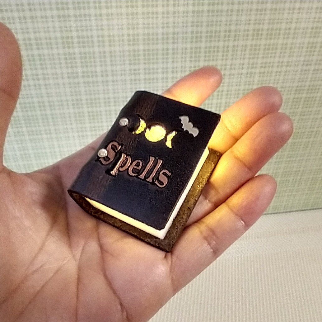 Mini leather bound book of spells Battery lighted Halloween spell book Halloween decor REF Thick brown leather