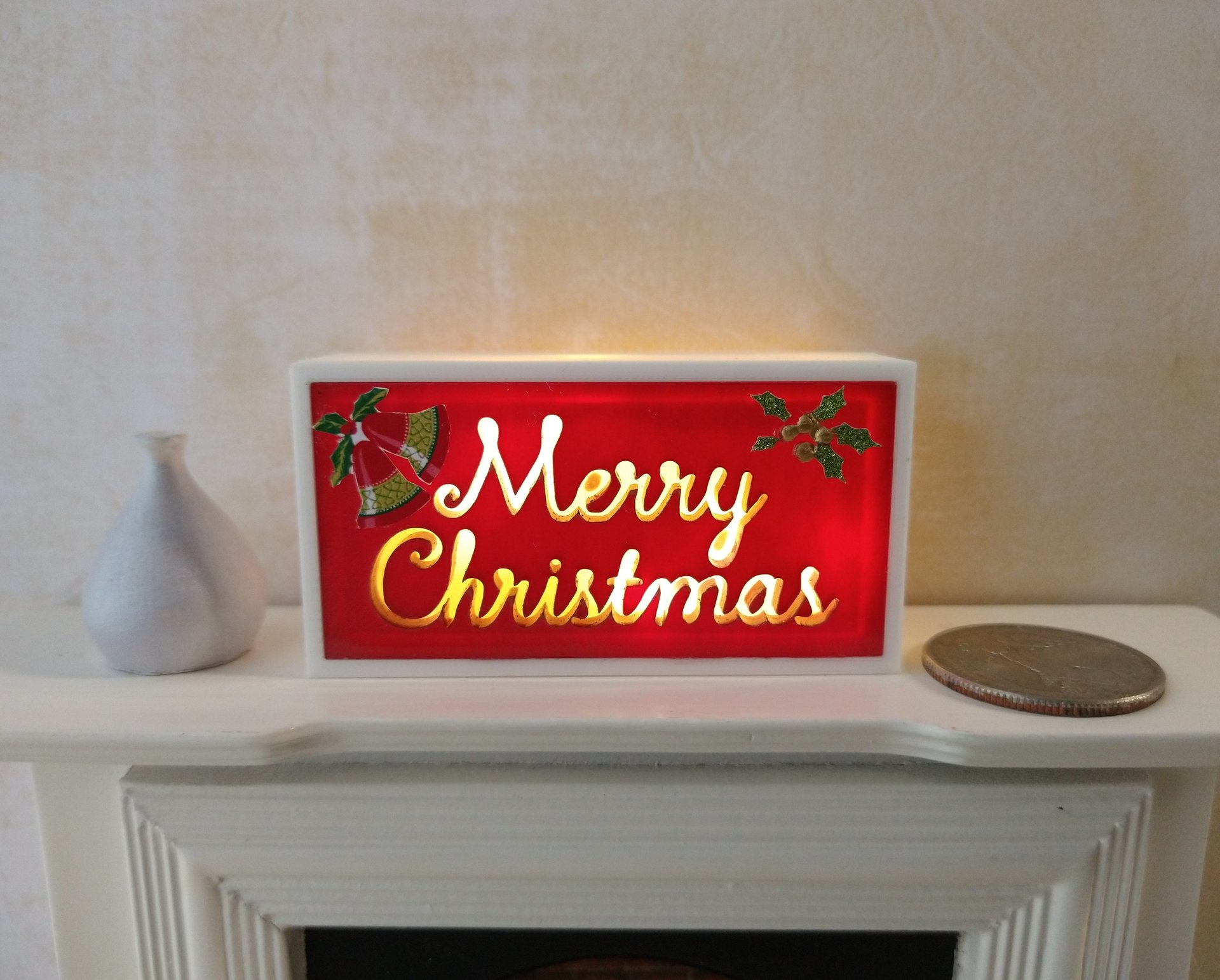 1:12 Dollhouse Merry Christmas light box Battery operated holiday light box No external wires REF Red bgound