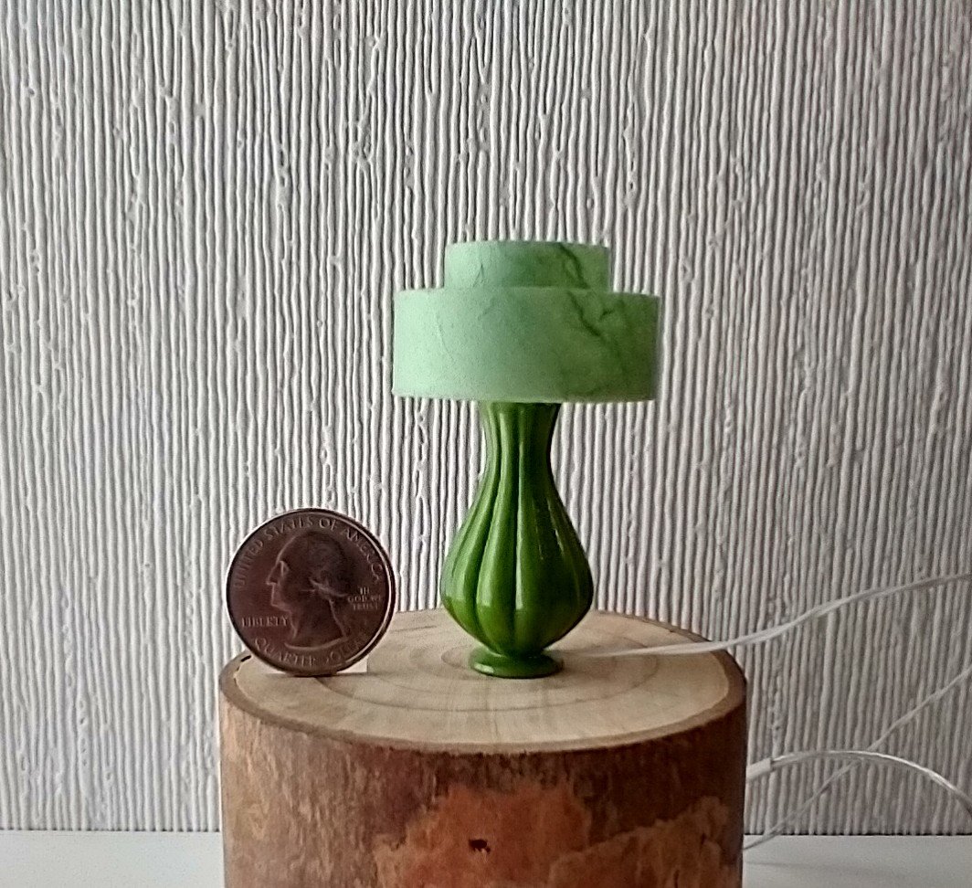 1:12 dollhouse mid-century modern style table lamp with tiered shade MCM retro style table lamp REF Green