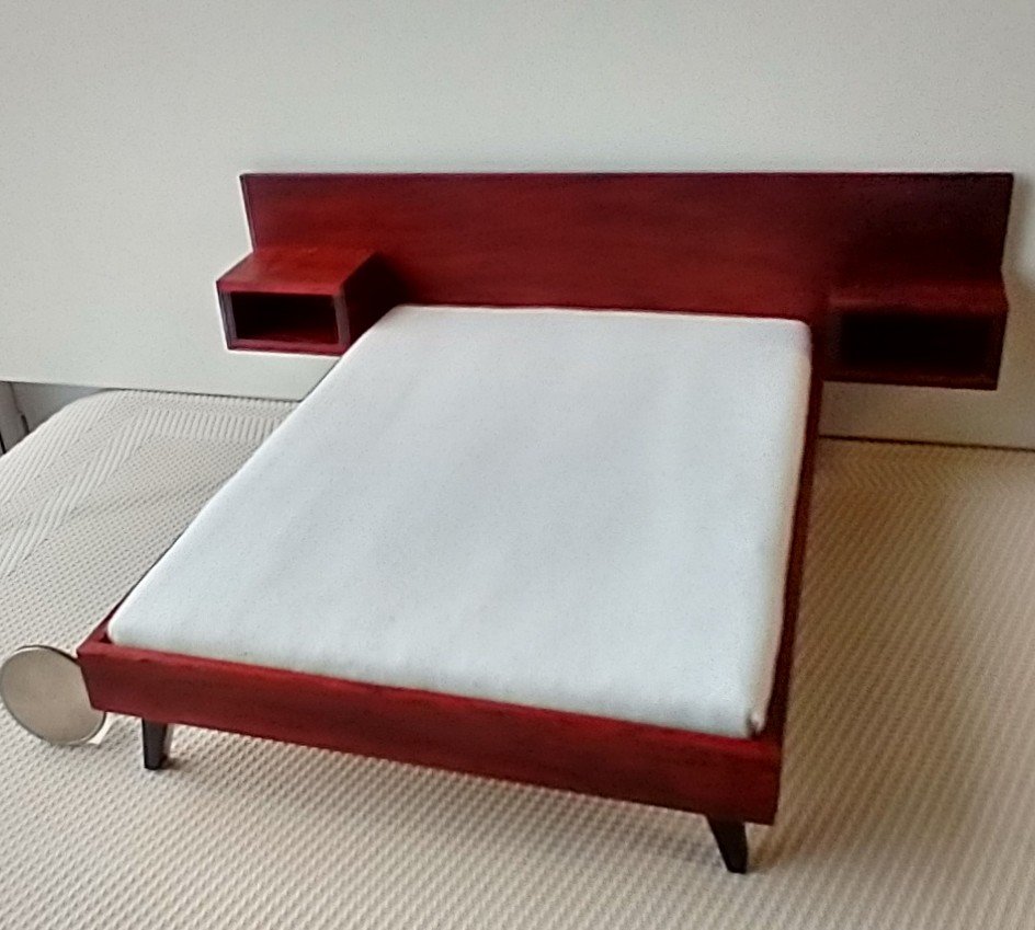 1:12 dollhouse MCM platform bed with built in night stands in solid African padauk comes with cotton fabric covered mattress