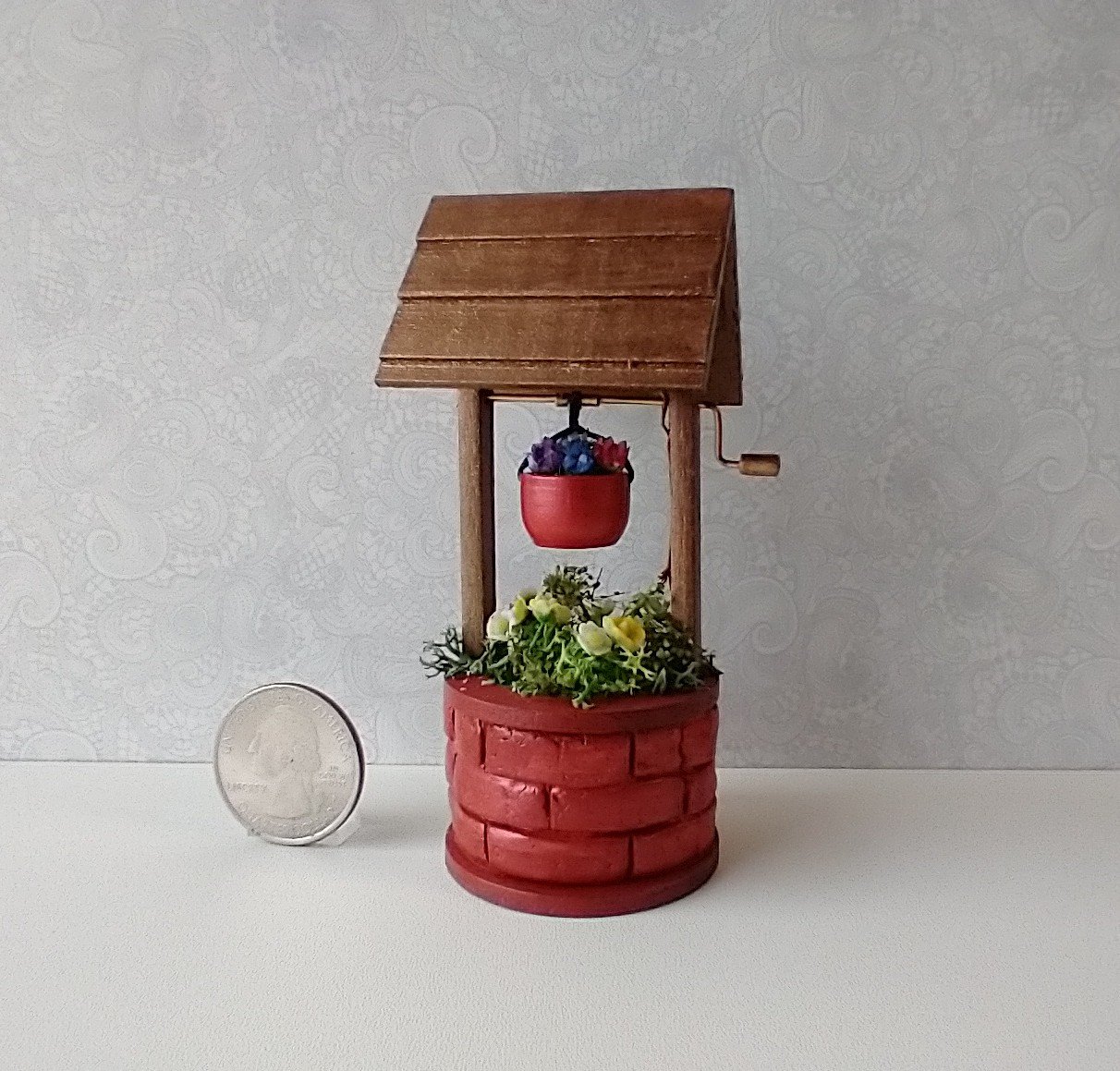 1:12 Dollhouse miniature battery operated lighted red brick wishing well planter with flowers