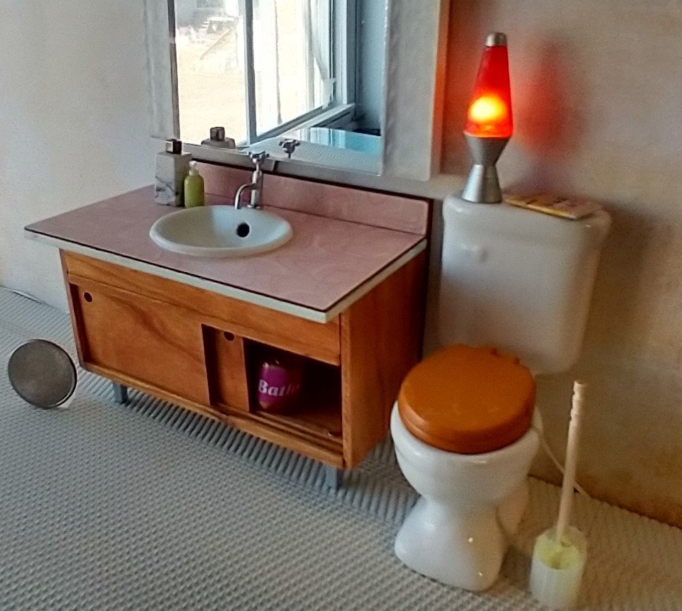 1:12 Dollhouse mid-century styled bath single sink vanity cabinet Angled cabinet undermount sink with backsplash and sliding doors