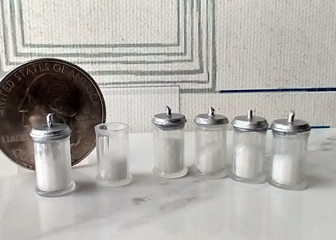 1:12 Dollhouse sugar dispenser metal finish lid with spout Clear bottle sugar dispenser with fluted body PRICE is for EACH