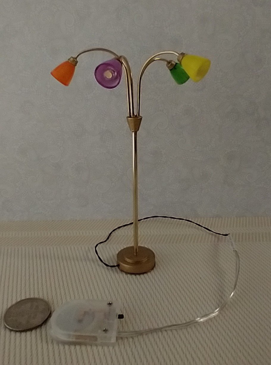 1:12 scale dollhouse mid-century style 5-arm floor lamp with shades in multiple colors