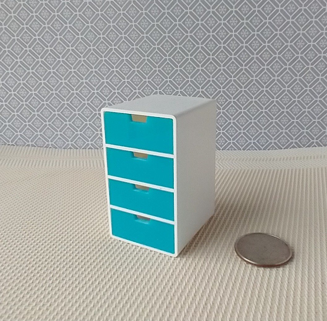 1:12 Dollhouse 4-drawer unit Storage chest of drawers with rounded corners contemporary style for mini home office or craft room REF Turquoise