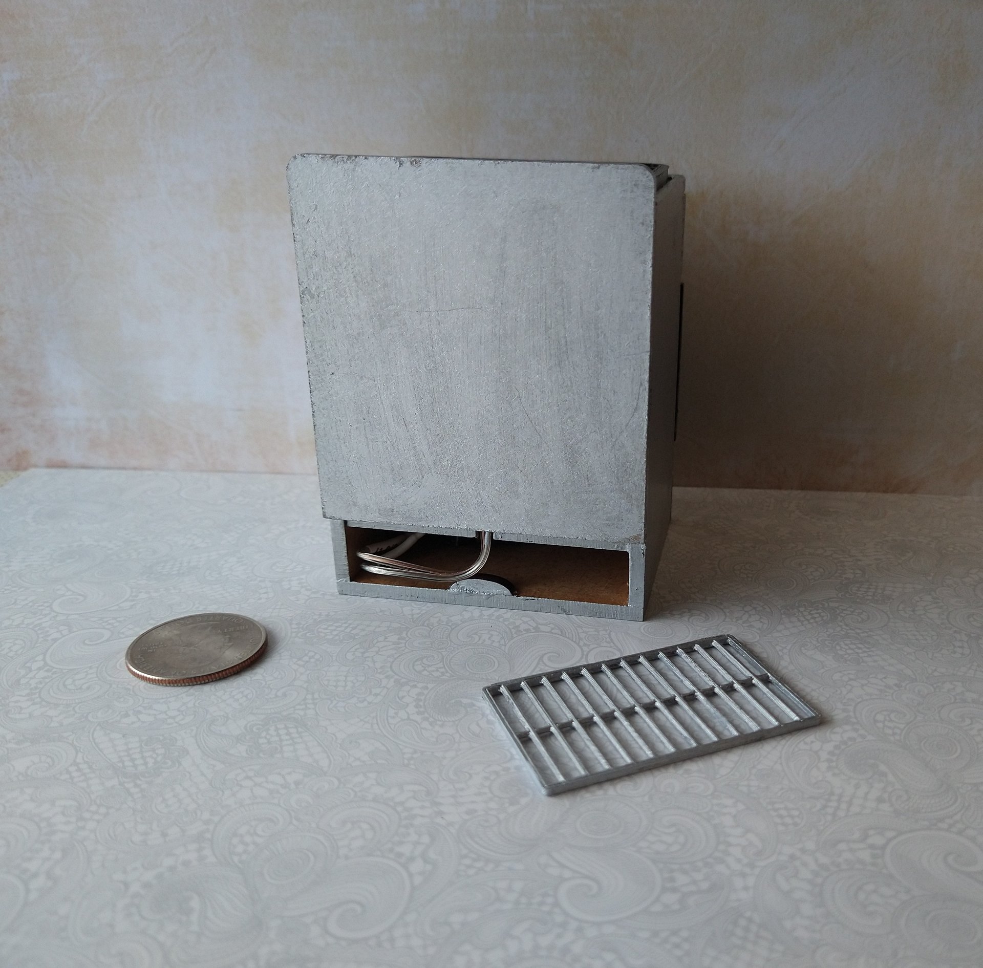 RESERVED 1:12 Dollhouse gas stove with  light up oven and four burners with suggested blue flames Door and faux drawer in green with silvery sides