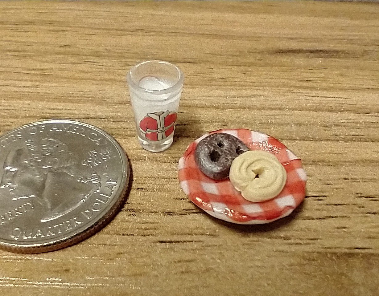 1:12 Dollhouse miniature glass of milk and cookies on ceramic plate for Santa REF Santa jacket