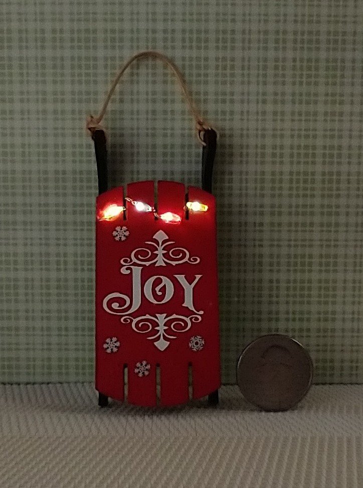 1:12 scale dollhouse light up wooden sled Joy sign decor Battery operated holiday light on red sled REF Lighted JOY on red