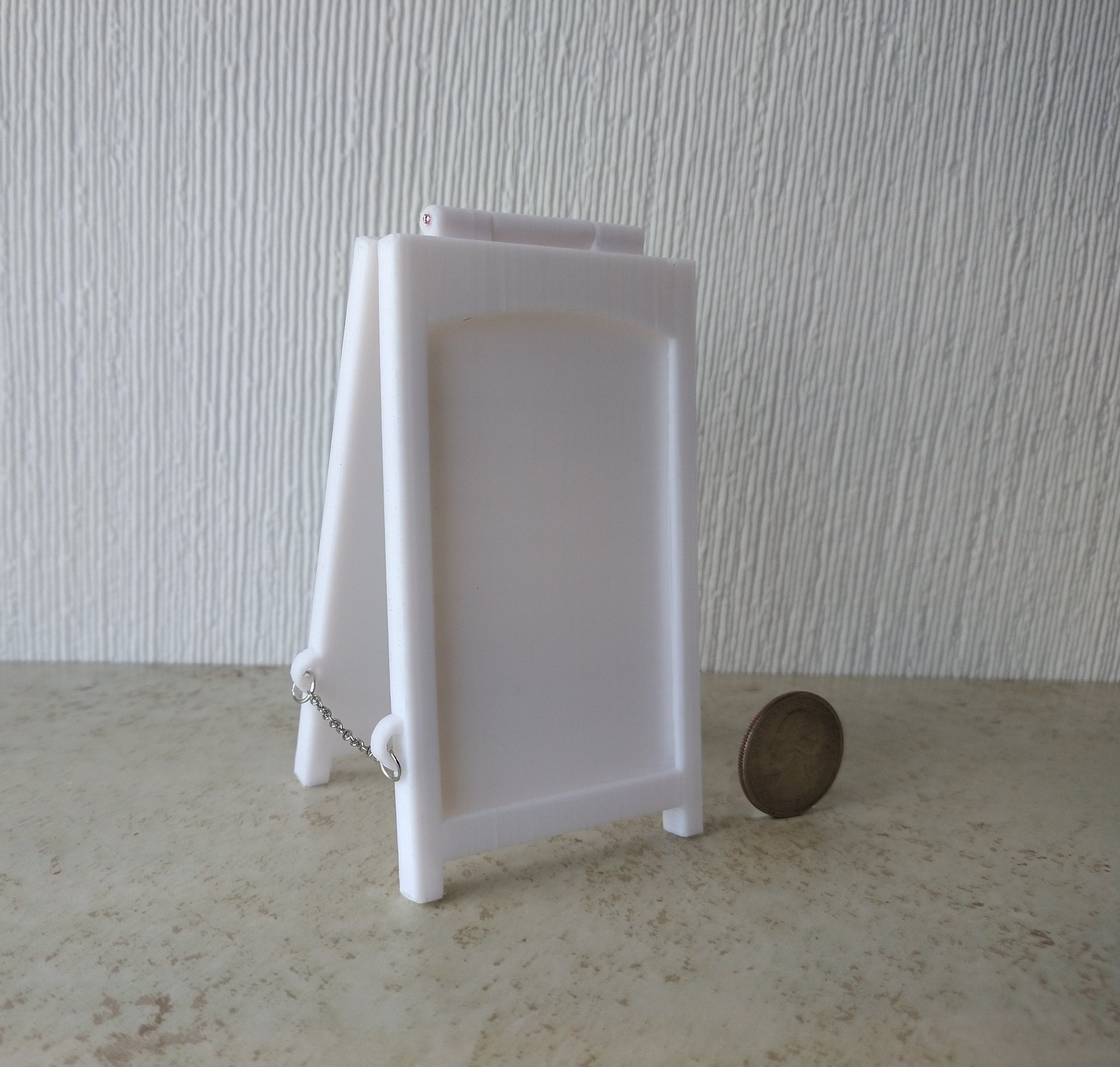 1:12 scale miniature sidewalk sign holder, 2-sided for changeable sinage Hinged and fold-flat for storage REF Credit card size - White