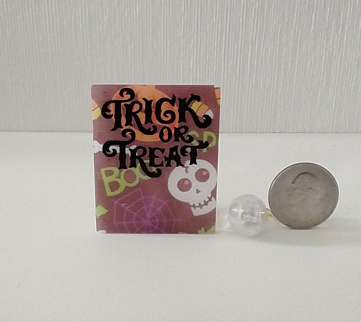 Miniature Halloween trick or treat sign with back lit candle (battery operated) for 12th or 6th scale scenes REF Boo n skull