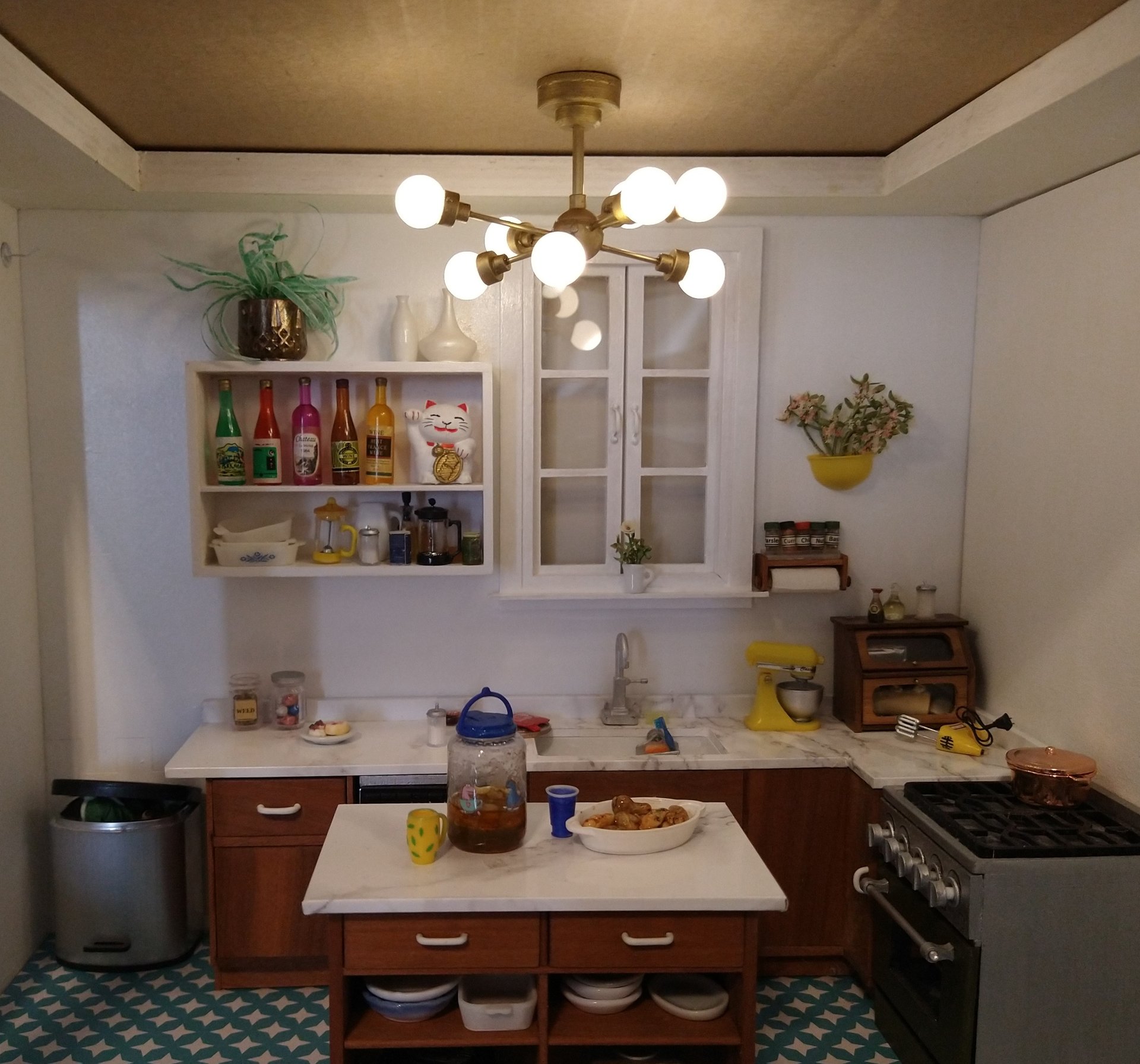 RESERVED for Sherryl.  1:12 Dollhouse mid-century inspired space age orbit chandelier Atomic age MCM 8-light ceiling light