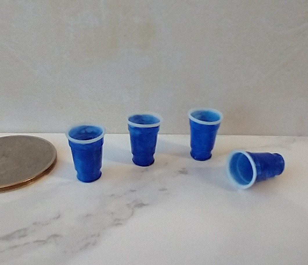 1:12 Dollhouse blue cups Faux disposable plastic cups Solo cups inspired for cold drinks Price is for one set of four blue cups (height 0.47")