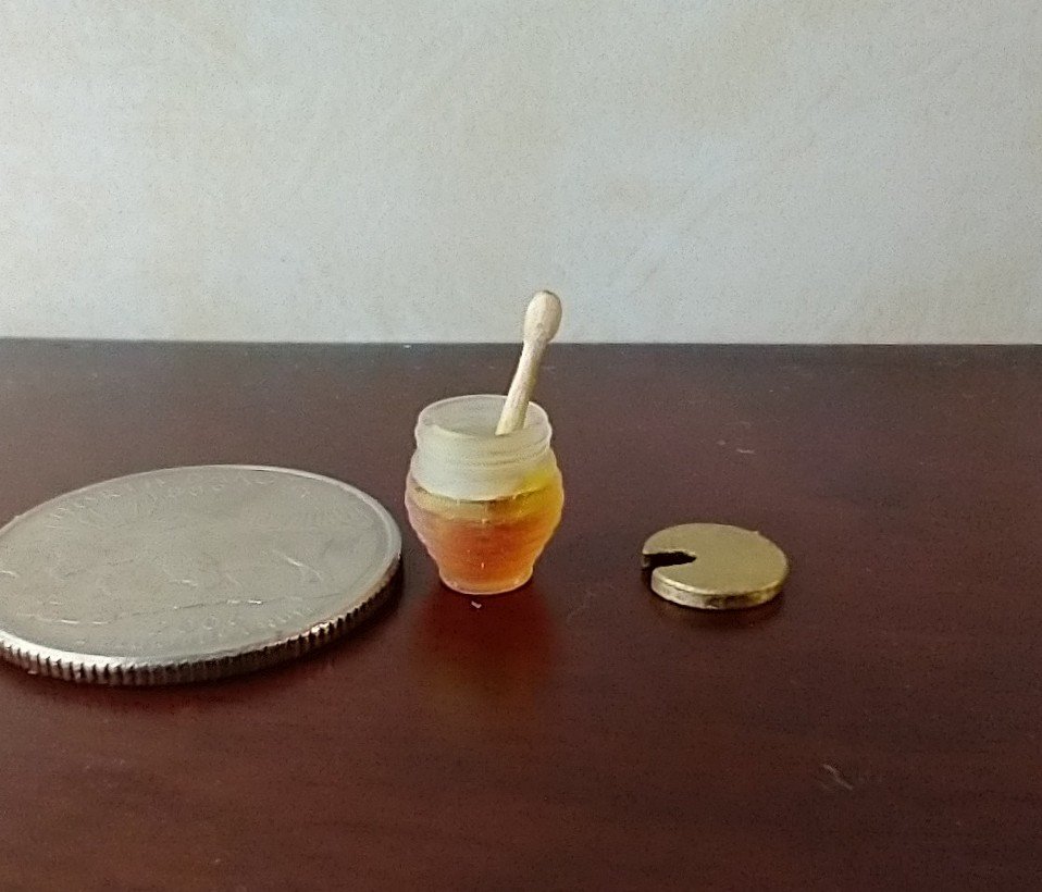 1:12 Dollhouse clear beehive honey jar with immersed wooden dipper and removable golden lid REF Golden lid
